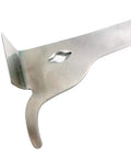 Close-up of Two Piece Polished Stainless Steel Hive Scraper Tool with J Hook for Beekeeping, showing blade edge.