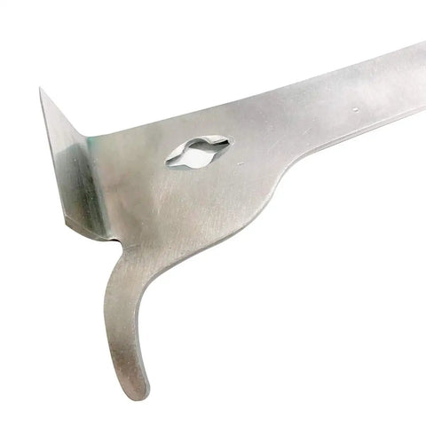 Close-up of Two Piece Polished Stainless Steel Hive Scraper Tool with J Hook for Beekeeping, showing blade edge.