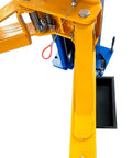Close-up of KATOOL 11000lbs yellow two-post car lift arm assembly with blue base and hydraulic components