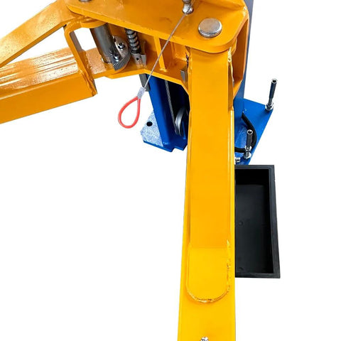 Close-up of KATOOL 11000lbs yellow two-post car lift arm assembly with blue base and hydraulic components