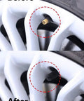 Before and after installation of 50 Pack Tire Valve Caps Plastic Valve Stem Caps With O Ring Seal Built For All Rides.