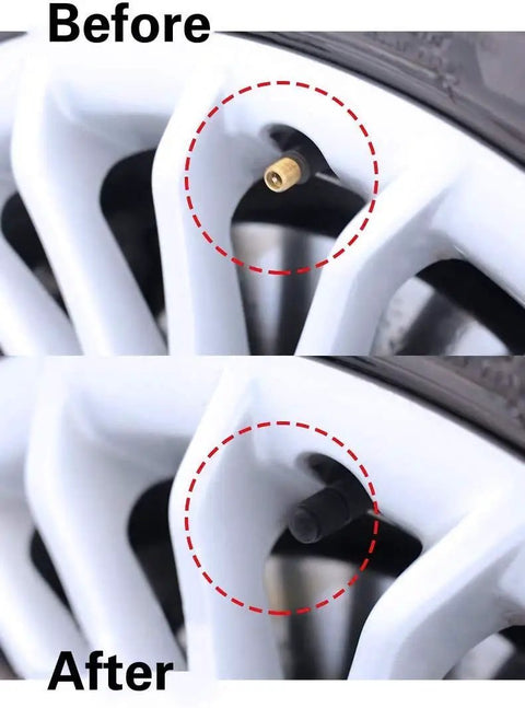 Before and after installation of 50 Pack Tire Valve Caps Plastic Valve Stem Caps With O Ring Seal Built For All Rides.