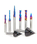 Kickass Eight Piece Router Bit Set With One Quarter Inch Shanks And Bulletproof Ceramic Coating for CNC cuts, showcasing colorful carbide bits.