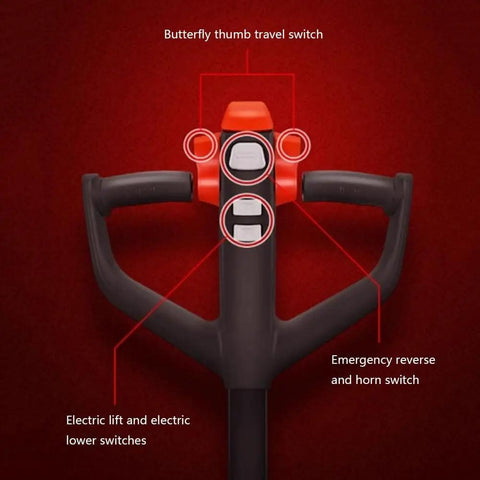 Heavy Duty Manual Pallet Jack Full Electric Truck With 3300 Lbs Capacity And Thickened Alloy Frame control panel showing lift, lower, emergency, and travel switches.
