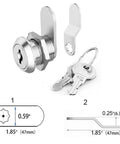 Top Shelf 2 Pack Keyed Alike Cam Locks One Eighth Inch Zinc Alloy Cabinet Hardware For Toolboxes Desks And Mailboxes showing keys and dimensions.