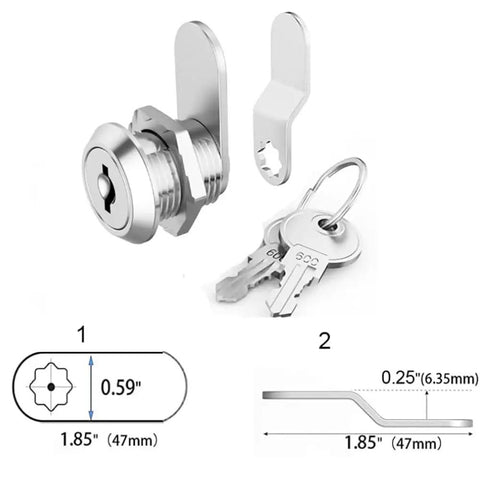 Top Shelf 2 Pack Keyed Alike Cam Locks One Eighth Inch Zinc Alloy Cabinet Hardware For Toolboxes Desks And Mailboxes showing keys and dimensions.