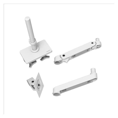 Rock Solid High Pole Desktop Monitor Stand With Heavy Gauge Aluminum Robotic Lifting Arm components including pole, clamps, and arms.