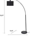 Tall 71 Inch Arc Floor Lamp With Black Fabric Shade And Steel Base, Modern Standing Light, displays measurements