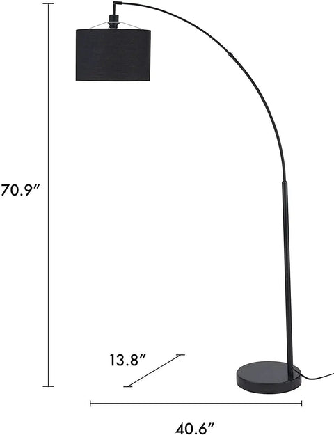 Tall 71 Inch Arc Floor Lamp With Black Fabric Shade And Steel Base, Modern Standing Light, displays measurements