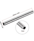 Angled side view of uxcell 304 stainless steel round tubing, 7mm OD, 1mm wall, 250mm length, seamless.