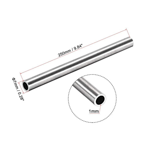 Angled side view of uxcell 304 stainless steel round tubing, 7mm OD, 1mm wall, 250mm length, seamless.