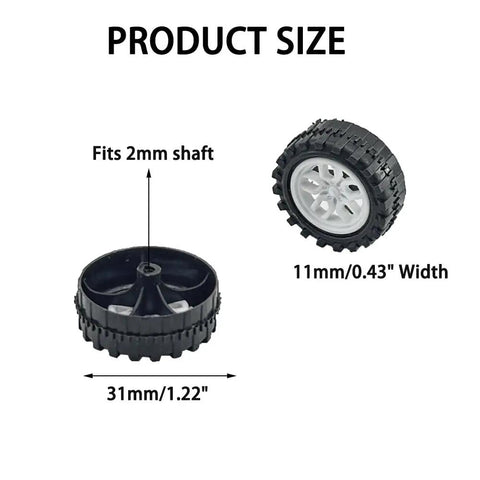 30 Piece Toy Car Wheel Set With 2Mm Shafts And 15 Metal Axles, plastic tire wheels, dimensions 31mm diameter, 11mm width