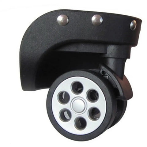 Thinking Process: black suitcase wheel replacement, large rubber spinner caster with silver hub, side view