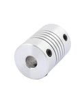 Angled front view of aluminum alloy shaft coupling, 6mm to 6mm, 25mm long, 18mm dia for stepper motors