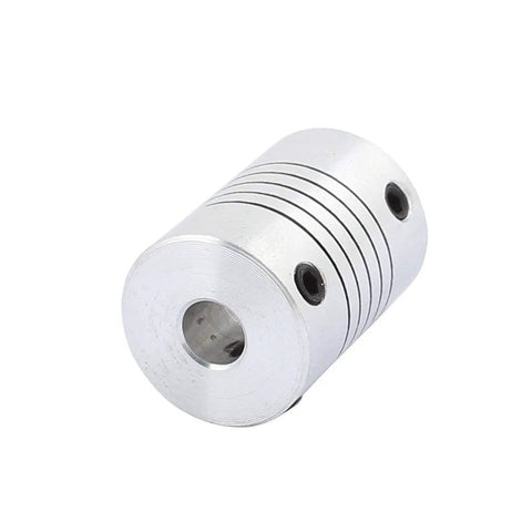 Angled front view of aluminum alloy shaft coupling, 6mm to 6mm, 25mm long, 18mm dia for stepper motors