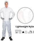 Fresh White Nylon Spray Paint Coveralls With Kickback Ready Lint Free Construction And Lowkey Comfortable Fit For Auto Body Shop Refinishing Industrial Painter Wardrobe And Serious Overspray Defense, shown worn with hood.