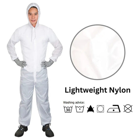 Fresh White Nylon Spray Paint Coveralls With Kickback Ready Lint Free Construction And Lowkey Comfortable Fit For Auto Body Shop Refinishing Industrial Painter Wardrobe And Serious Overspray Defense, shown worn with hood.