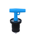 Front view of blue T-handle cleanout pipe plug with black rubber body for 1-3/4 to 2-1/4 in pipes.