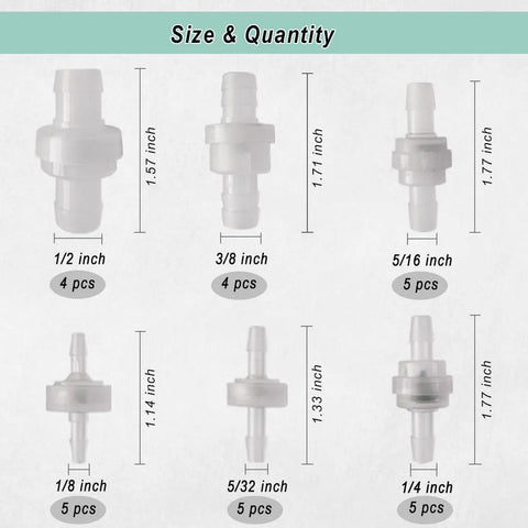 Plastic check valves set, 28 pcs; front-view catalog illustration of assorted plug-in barb valves, sizes 1/8–1/2 in.