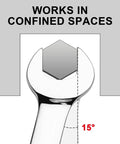 Ratcheting Seven Eighth Inch Combination Wrench With 72 Tooth Gear used in confined spaces, 15-degree angle shown