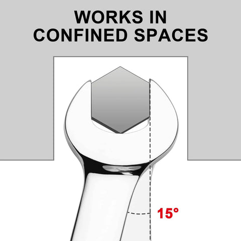 Ratcheting Seven Eighth Inch Combination Wrench With 72 Tooth Gear used in confined spaces, 15-degree angle shown