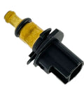 Coolant temperature sensor with brass body and black plastic connector (side view)