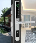 Heavy Duty Waterproof Smart Fingerprint Door Lock For Outdoor Push And Pull Sliders Providing Tight Security And Hassle Free App Remote Keyless Entry That Runs Smooth with touchpad on door.