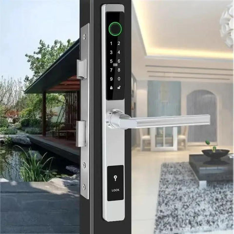 Heavy Duty Waterproof Smart Fingerprint Door Lock For Outdoor Push And Pull Sliders Providing Tight Security And Hassle Free App Remote Keyless Entry That Runs Smooth with touchpad on door.