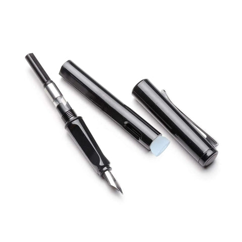 Dismantled black fountain pen with cap, clip, and nib on white background