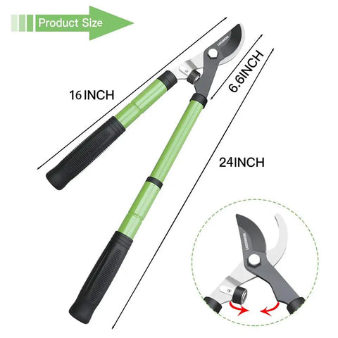 Beefy Heavy Duty Telescoping Loppers With SK5 High Carbon Steel Blade, Adjustable 16 To 24 Inch Handle, Cuts Thick Branches Up To 1.6 Inch, Two In One Pruner For Tall And Low Limbs, Garden Tree Trimming Made Easy, shown at full extension with close-up of blade detail.