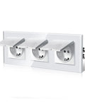 Top Shelf EU Standard Electrical Wall Sockets with Waterproof Covers 5 Pack 16 Amp 110 to 250 Volt Flush Mount Power Faceplates E Series Style for Bathrooms featuring three sockets and waterproof covers.