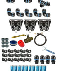 Heavy Duty One Inch Aluminum Compressed Air Piping Kit Featuring Sixty Foot Rigid Straight Tubing And Three Quick Connect Distribution Outlets, components and accessories laid out.