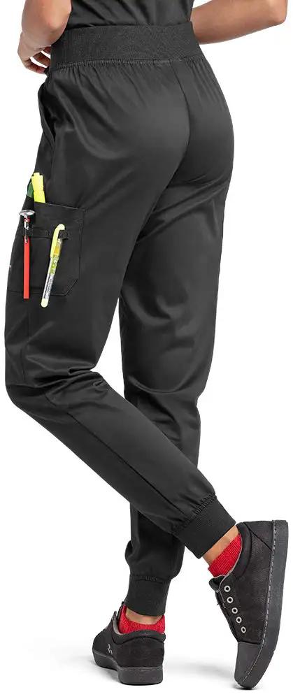 Back view of Slip Into These Black Chef Jogger Pants Five Pocket Stretch Kitchen Uniform Drawstring Elastic Waist Cotton Blend.