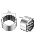 Needle Roller Bearings HK2216 22mm Bore 28mm OD 16mm Width Chrome Steel Open End 2 Pack Drawn Cup Steel Cage front and side view