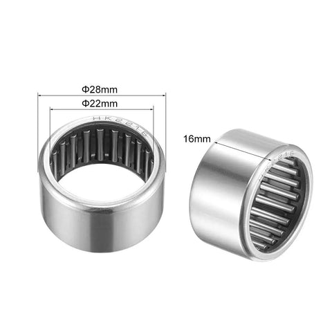 Needle Roller Bearings HK2216 22mm Bore 28mm OD 16mm Width Chrome Steel Open End 2 Pack Drawn Cup Steel Cage front and side view