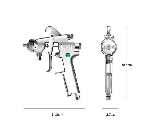 Heavy Duty Pneumatic Paint Sprayer With 1.8mm Atomizing Nozzle and Gravity Tank Complete Kit dimensions front and side view