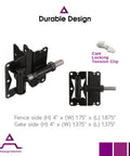 Self Closing Gate Hinge For Aluminum Gate With Heavy Duty Enclosed Spring Powder Coated Stainless Steel Horizontal Adjustable Black 2 Sided Gate Attachment Pair Advantage Industries, shown front and side view with measurements.