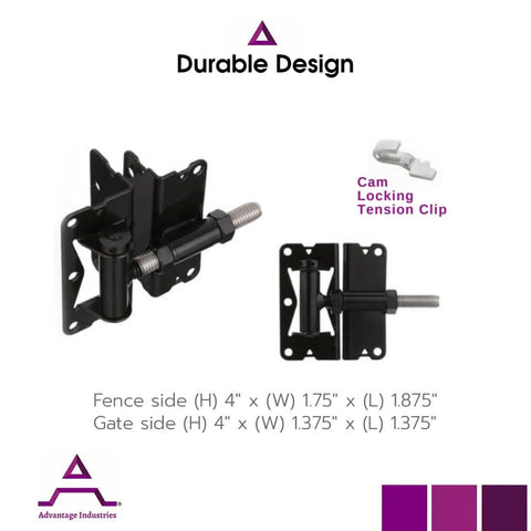 Self Closing Gate Hinge For Aluminum Gate With Heavy Duty Enclosed Spring Powder Coated Stainless Steel Horizontal Adjustable Black 2 Sided Gate Attachment Pair Advantage Industries, shown front and side view with measurements.