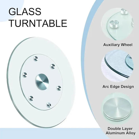 Round Tempered Glass Lazy Susan Turntable Smooth Operator Spin No More Elbow Banging Built Different with aluminum shaft detail.
