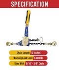 Two Pack Heavy Duty Ratchet Chain Binders 5/16 to 3/8 Inch With Swivel Grab Hooks And 5400 Lb Working Load Limit specifications diagram