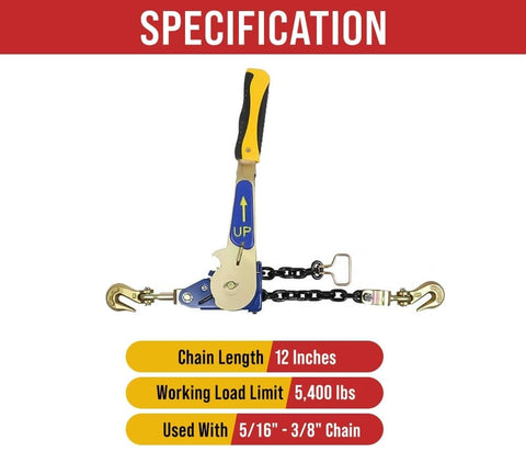 Two Pack Heavy Duty Ratchet Chain Binders 5/16 to 3/8 Inch With Swivel Grab Hooks And 5400 Lb Working Load Limit specifications diagram