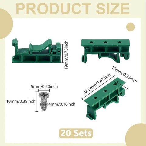 Product dimensions for Heavy Duty 20 Pack C45 DIN Rail PCB Mounting Bracket Clips, green finish, for 35mm or 15mm circuit boards.