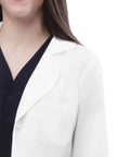 Women Belted Lab Coat 33 Inch White Size M With Chest Pocket And Dual Patch Pockets, close-up of upper section showing chest pocket