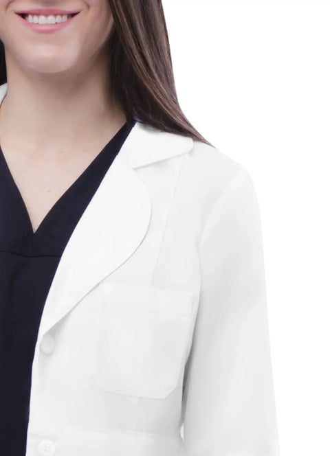 Women Belted Lab Coat 33 Inch White Size M With Chest Pocket And Dual Patch Pockets, close-up of upper section showing chest pocket