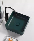 USZWBY Vessel Sinks Nordic Countertop Basin Matte Green Ceramic Square Washbasin displayed from above with faucet.
