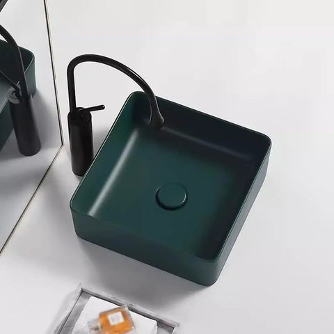 USZWBY Vessel Sinks Nordic Countertop Basin Matte Green Ceramic Square Washbasin displayed from above with faucet.