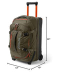 Rugged Rolling Duffel Bag For Travel And Carry On, Stand Alone Upright Design, 22 Inch Luggage In Dark Thyme, front view.