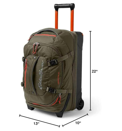 Rugged Rolling Duffel Bag For Travel And Carry On, Stand Alone Upright Design, 22 Inch Luggage In Dark Thyme, front view.