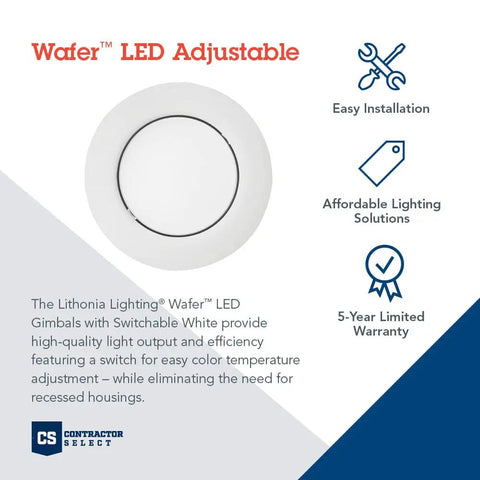 Ultra Thin 4 Inch LED Wafer Downlight With Adjustable Gimbal, Switchable Color Temperature 2700K, 3000K, And 3500K, 90 CRI, Matte White Trim, IC Rated, Retrofit Friendly From Below Ceiling Installation