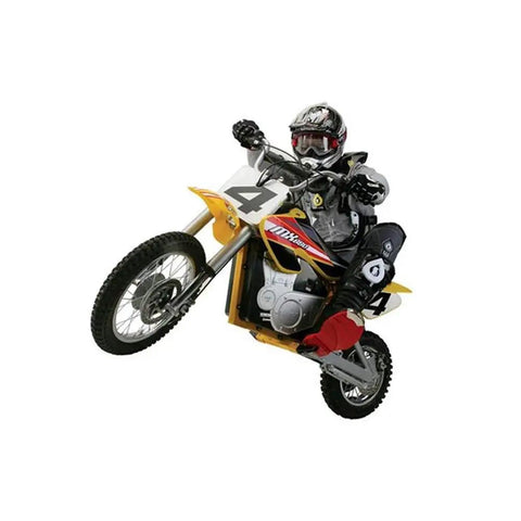 Child riding Electric Dirt Bike For Kids MX650 Dirt Rocket Off Road Motocross Bike with dual suspension, yellow color